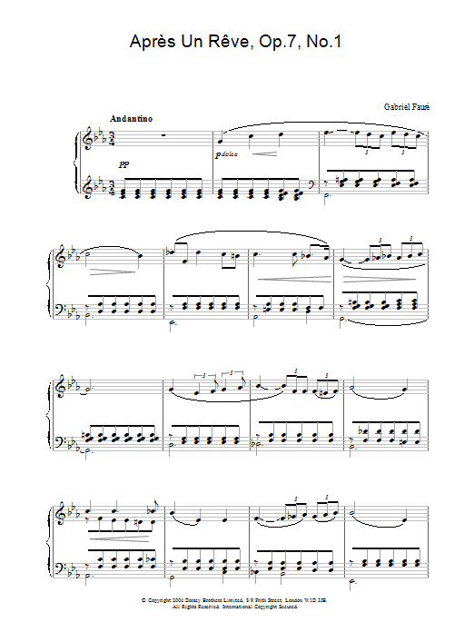 Gabriel Fauré Apres Un Reve, Op.7, No.1 sheet music notes and chords arranged for Piano Solo