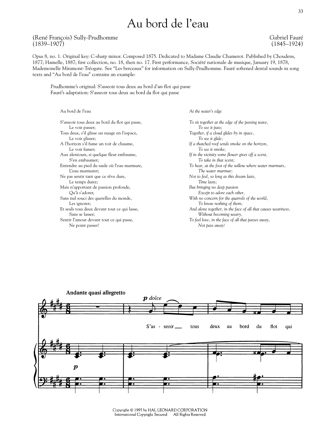 Gabriel Faure Au Bord De L'eau sheet music notes and chords arranged for Piano & Vocal