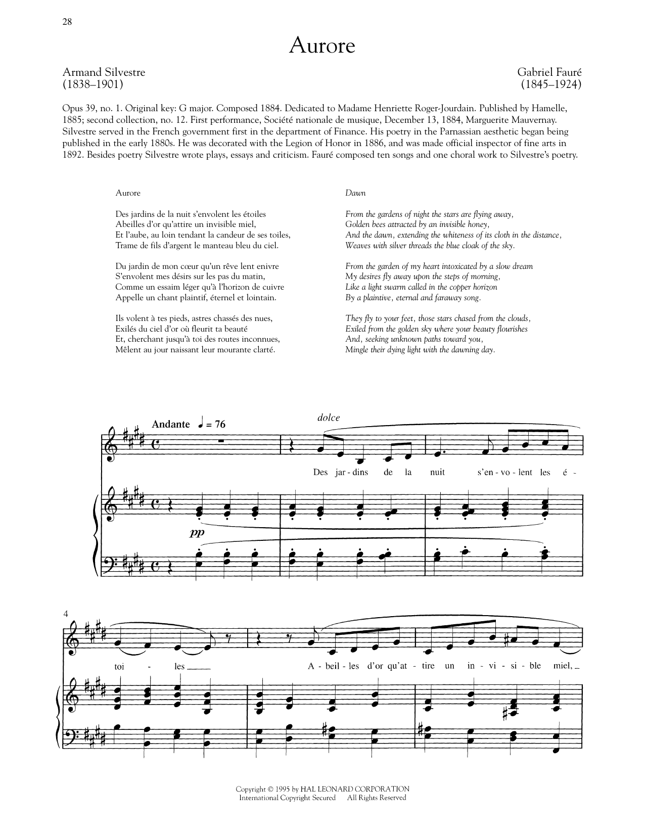 Gabriel Fauré Aurore (Low Voice) sheet music notes and chords arranged for Piano & Vocal