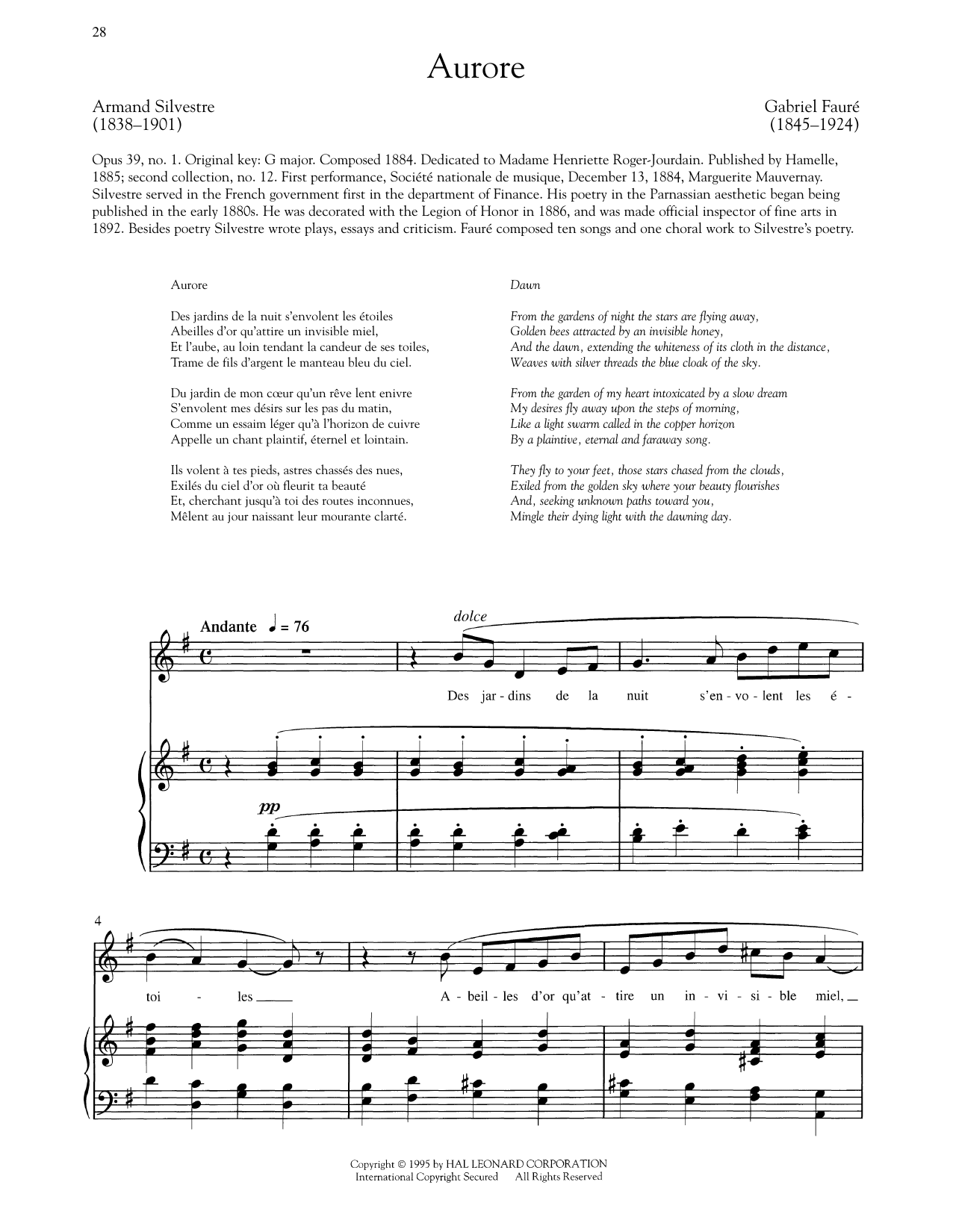 Gabriel Faure Aurore sheet music notes and chords arranged for Piano & Vocal