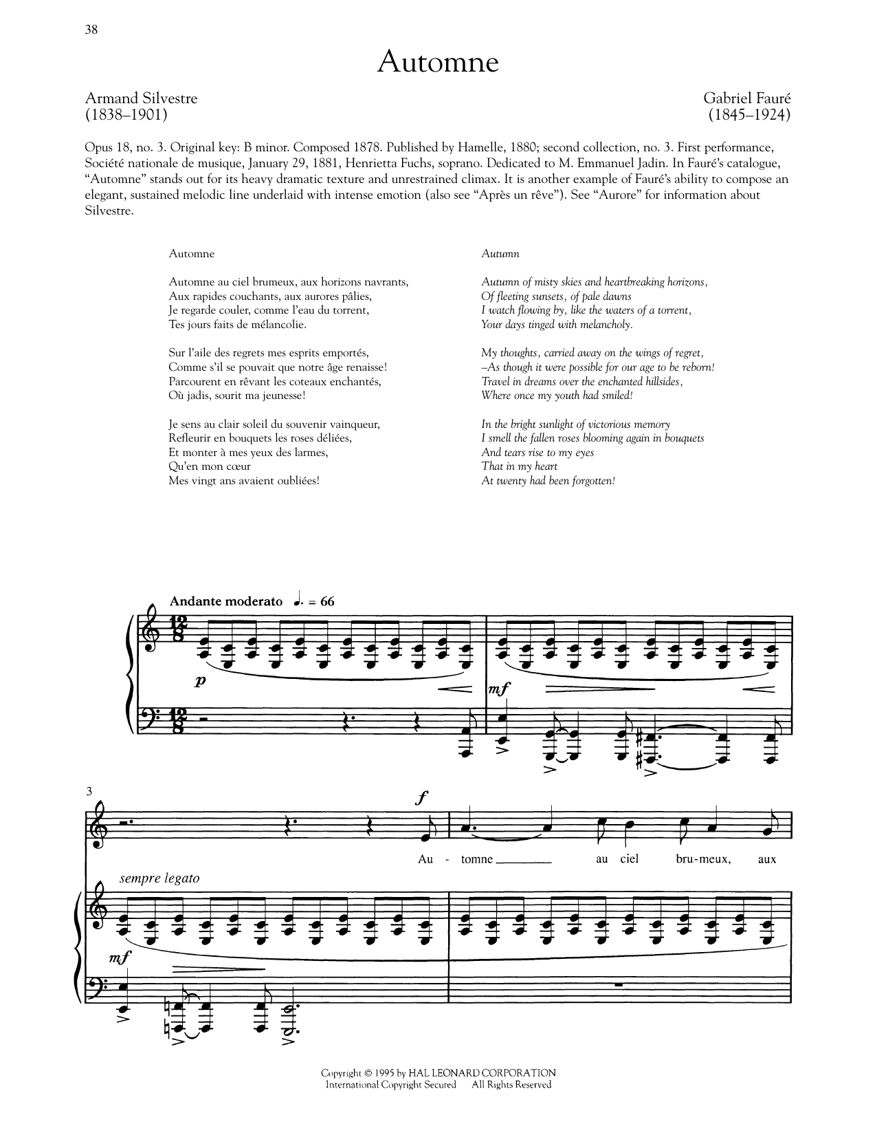Gabriel Fauré Automne (Low Voice) sheet music notes and chords arranged for Piano & Vocal