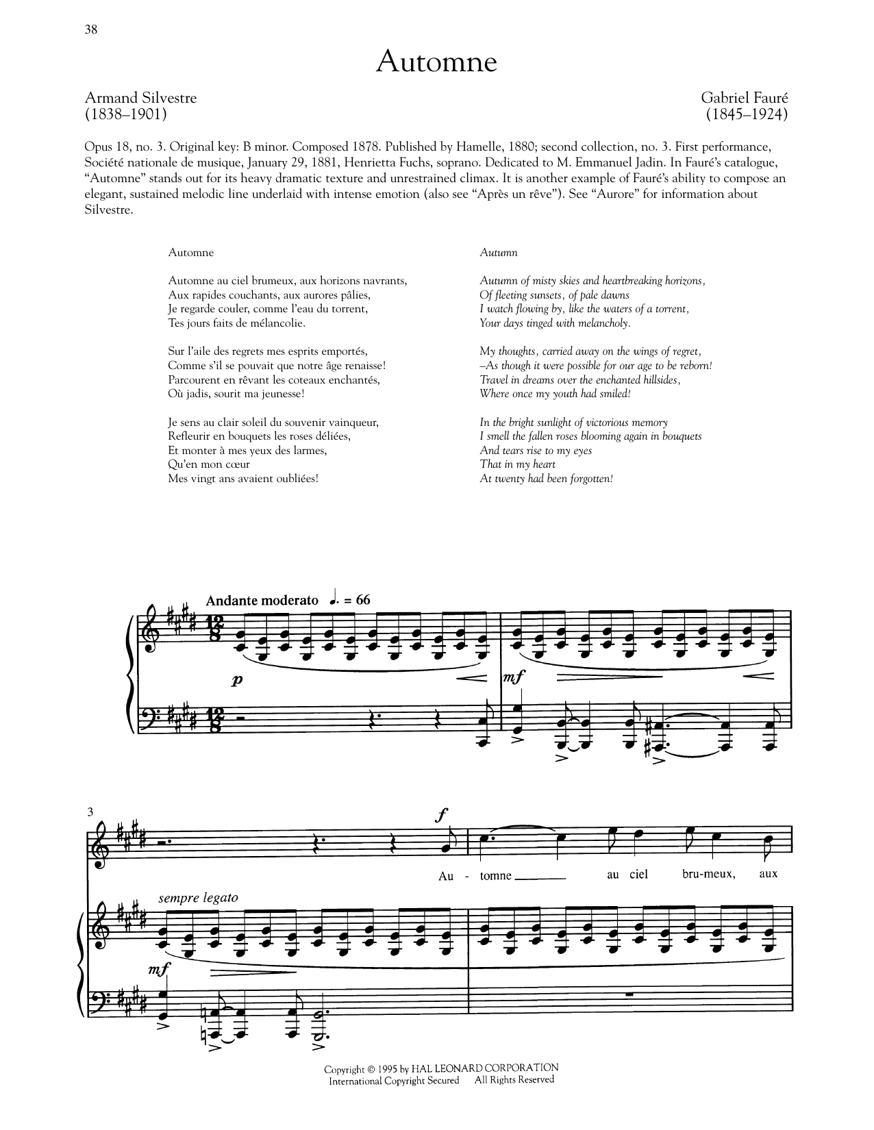 Gabriel Faure Automne sheet music notes and chords arranged for Piano & Vocal