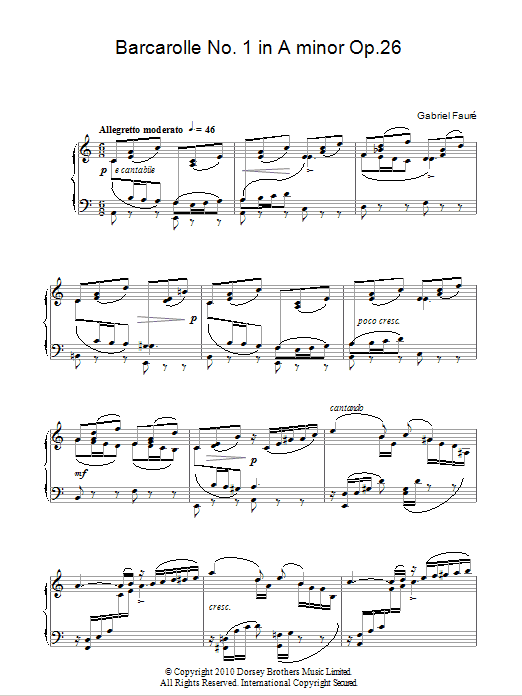 Gabriel Faure Barcarolle No. 1 In A Minor, Op. 26 sheet music notes and chords arranged for Piano Solo