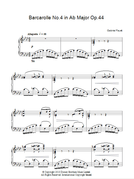 Gabriel Faure Barcarolle No. 4 In A Flat Major, Op. 44 sheet music notes and chords arranged for Piano Solo