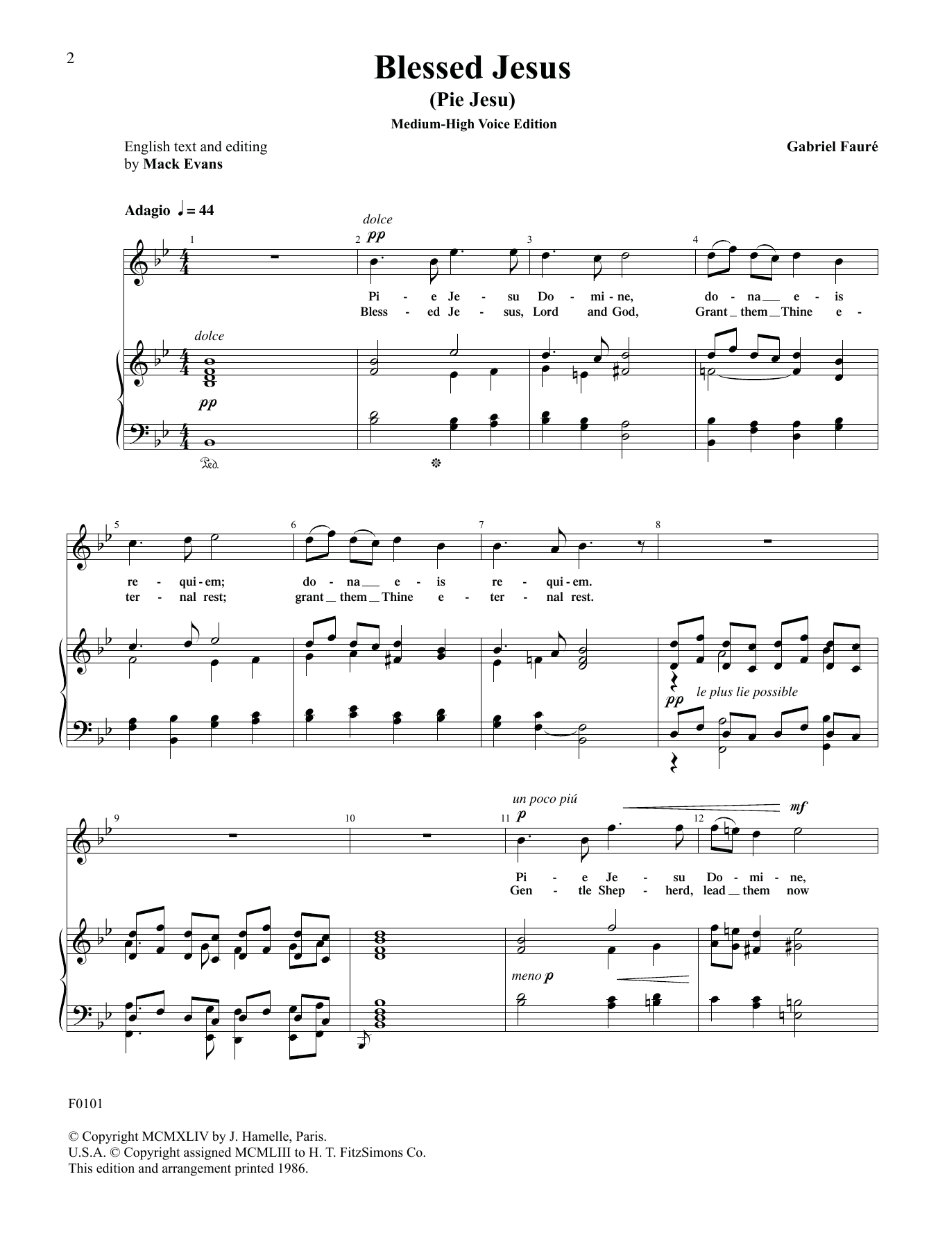 Gabriel Faure Blessed Jesus (Pie Jesu) (High Voice) sheet music notes and chords arranged for Piano & Vocal