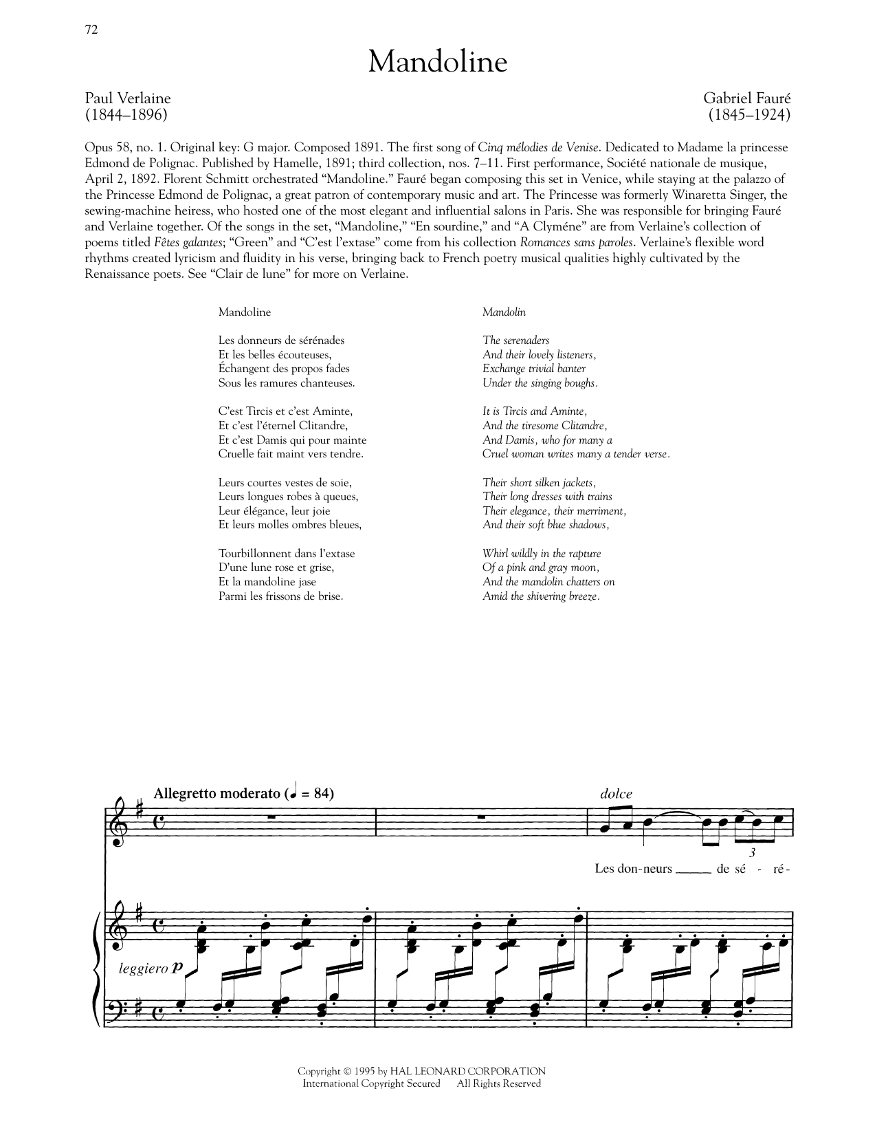 Gabriel Fauré Cinq Melodies De Venise: Mandoline (Low Voice) sheet music notes and chords arranged for Piano & Vocal
