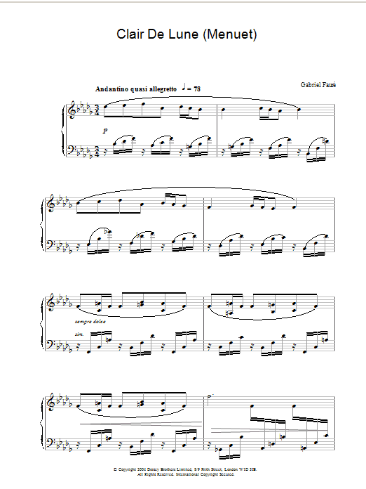Gabriel Faure Clair de Lune (Menuet) sheet music notes and chords arranged for Piano Solo