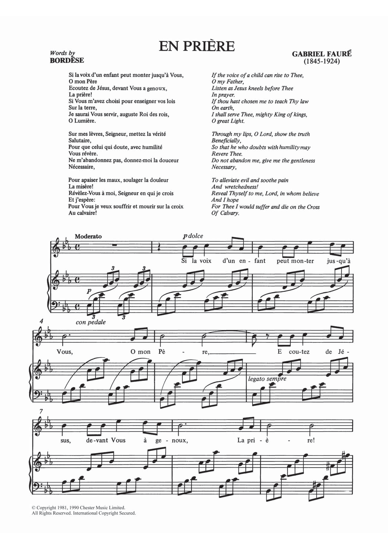 Gabriel Fauré En Priere sheet music notes and chords arranged for Piano & Vocal