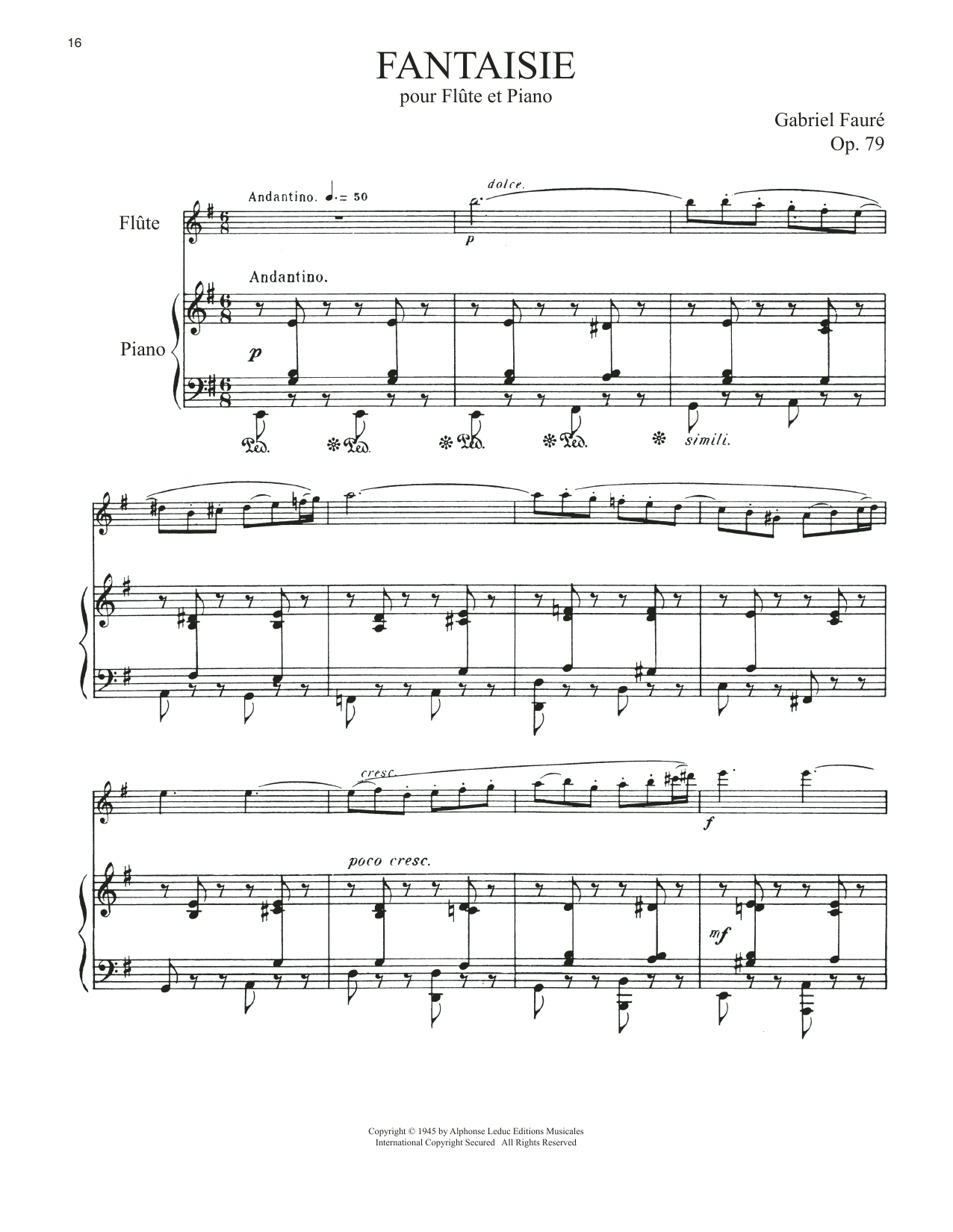 Gabriel Faure Fantasie, Op. 79 sheet music notes and chords arranged for Flute and Piano