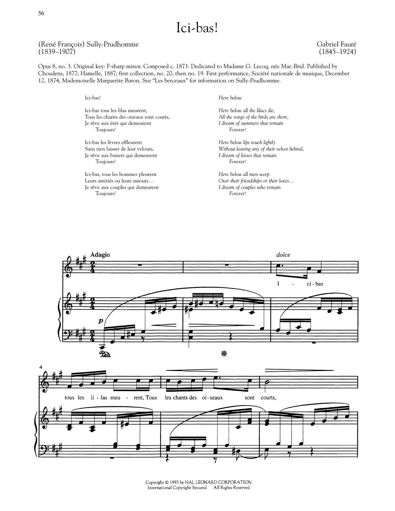 Gabriel Fauré Ici-Bas (High Voice) sheet music notes and chords arranged for Piano & Vocal