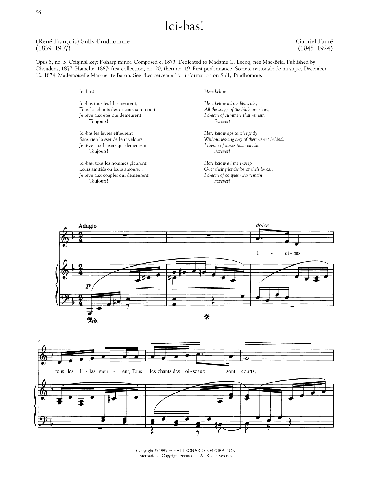 Gabriel Fauré Ici-Bas (Low Voice) sheet music notes and chords arranged for Piano & Vocal