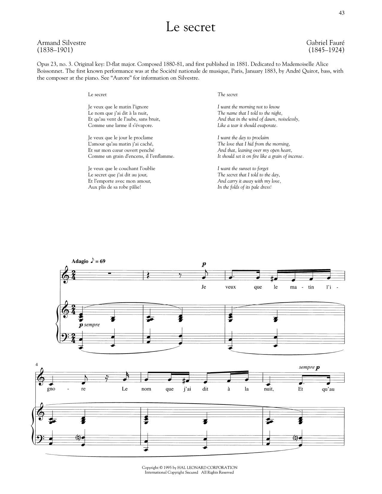 Gabriel Fauré Le Secret (Low Voice) sheet music notes and chords arranged for Piano & Vocal