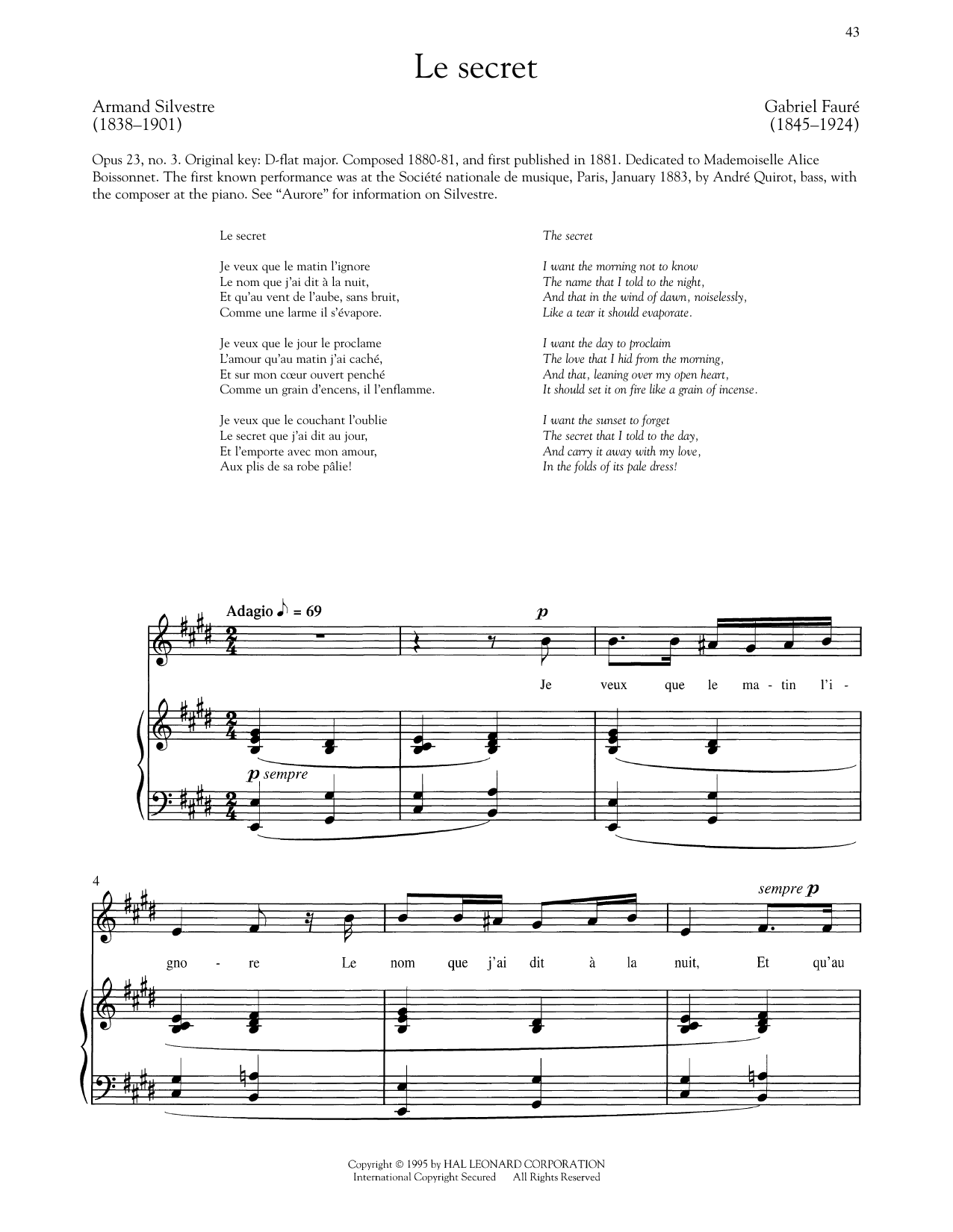 Gabriel Faure Le Secret sheet music notes and chords arranged for Piano & Vocal