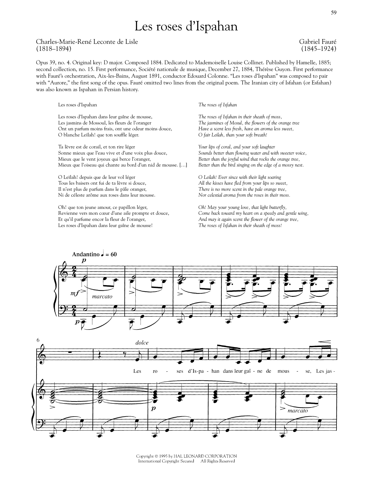 Gabriel Fauré Les Roses D'Ispahan (Low Voice) sheet music notes and chords arranged for Piano & Vocal