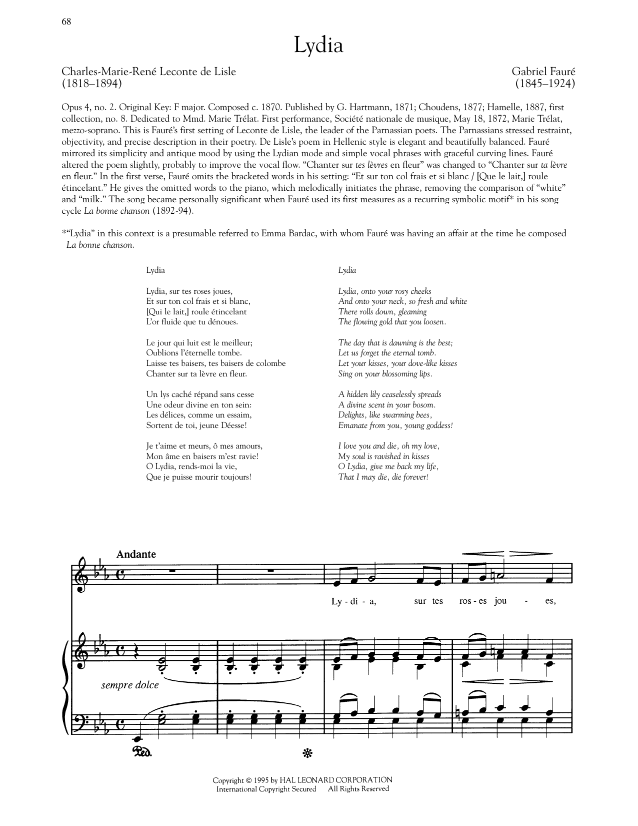Gabriel Fauré Lydia (Low Voice) sheet music notes and chords arranged for Piano & Vocal
