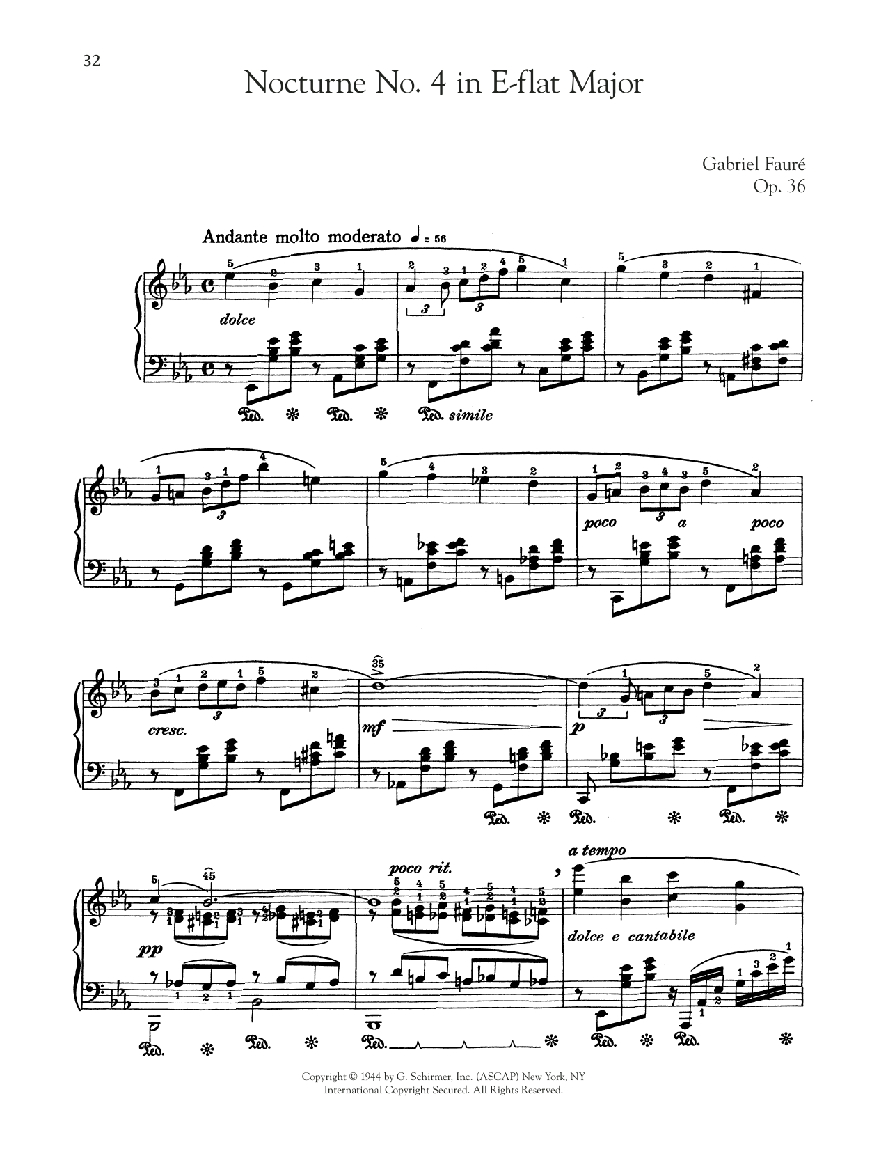 Gabriel Fauré Nocturne In E-Flat Major, Op. 36, No. 4 sheet music notes and chords arranged for Piano Solo