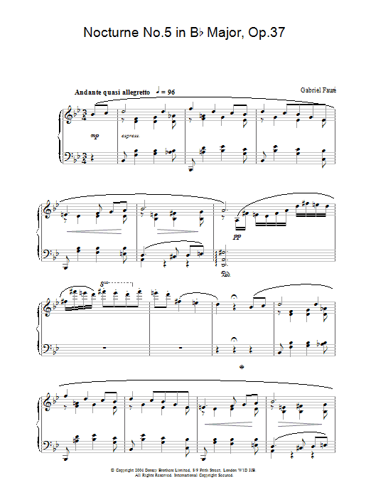 Gabriel Fauré Nocturne No.5 in Bb Major, Op.37 sheet music notes and chords arranged for Piano Solo