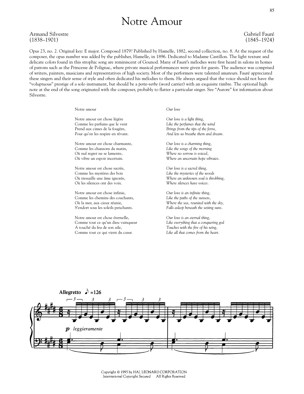 Gabriel Faure Notre Amour sheet music notes and chords arranged for Piano & Vocal