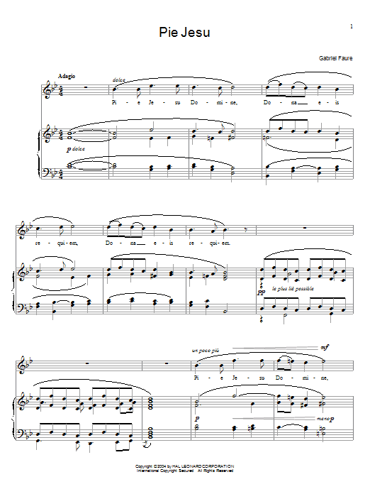 Gabriel Faure Pie Jesu sheet music notes and chords arranged for Piano, Vocal & Guitar Chords (Right-Hand Melody)