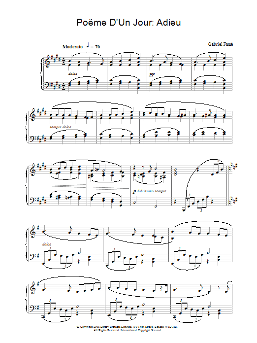 Gabriel Fauré Poëme D'Un Jour: Adieu sheet music notes and chords arranged for Piano Solo