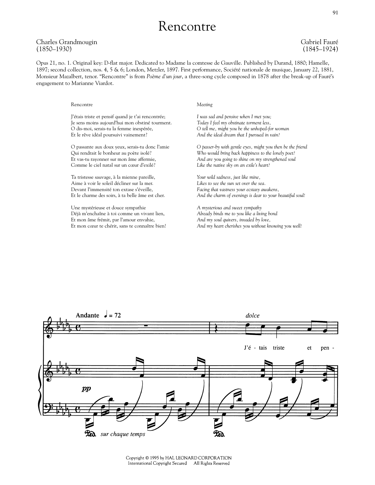 Gabriel Fauré Poeme D'Un Jour: Recontre (High Voice) sheet music notes and chords arranged for Piano & Vocal