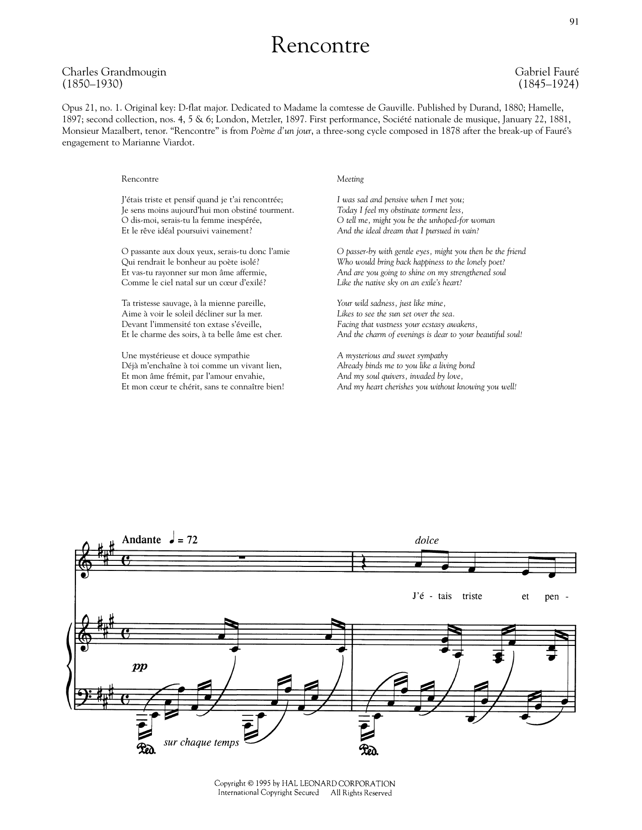 Gabriel Fauré Poeme D'Un Jour: Recontre (Low Voice) sheet music notes and chords arranged for Piano & Vocal