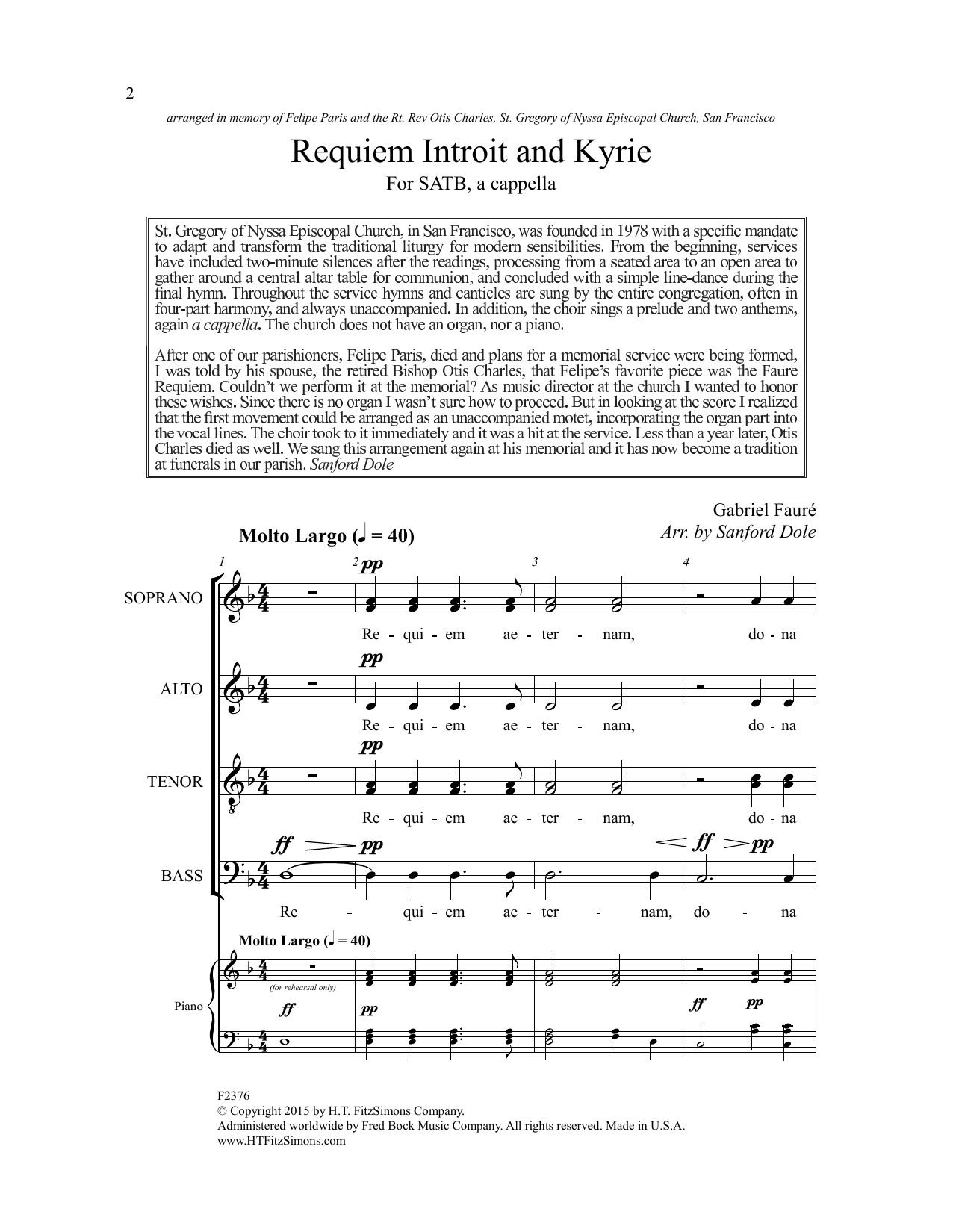 Gabriel Faure Requiem, Introit And Kyrie (arr. Sanford Dole) sheet music notes and chords arranged for SATB Choir