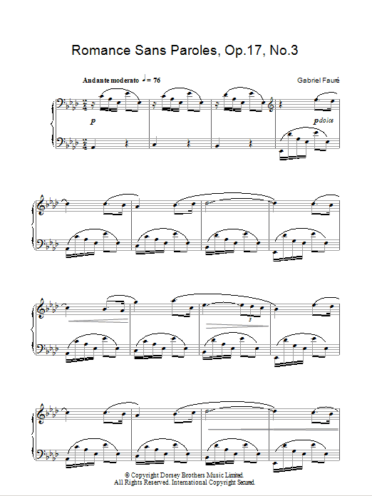 Gabriel Faure Romance Sans Paroles Op. 17, No. 3 sheet music notes and chords arranged for Piano Solo