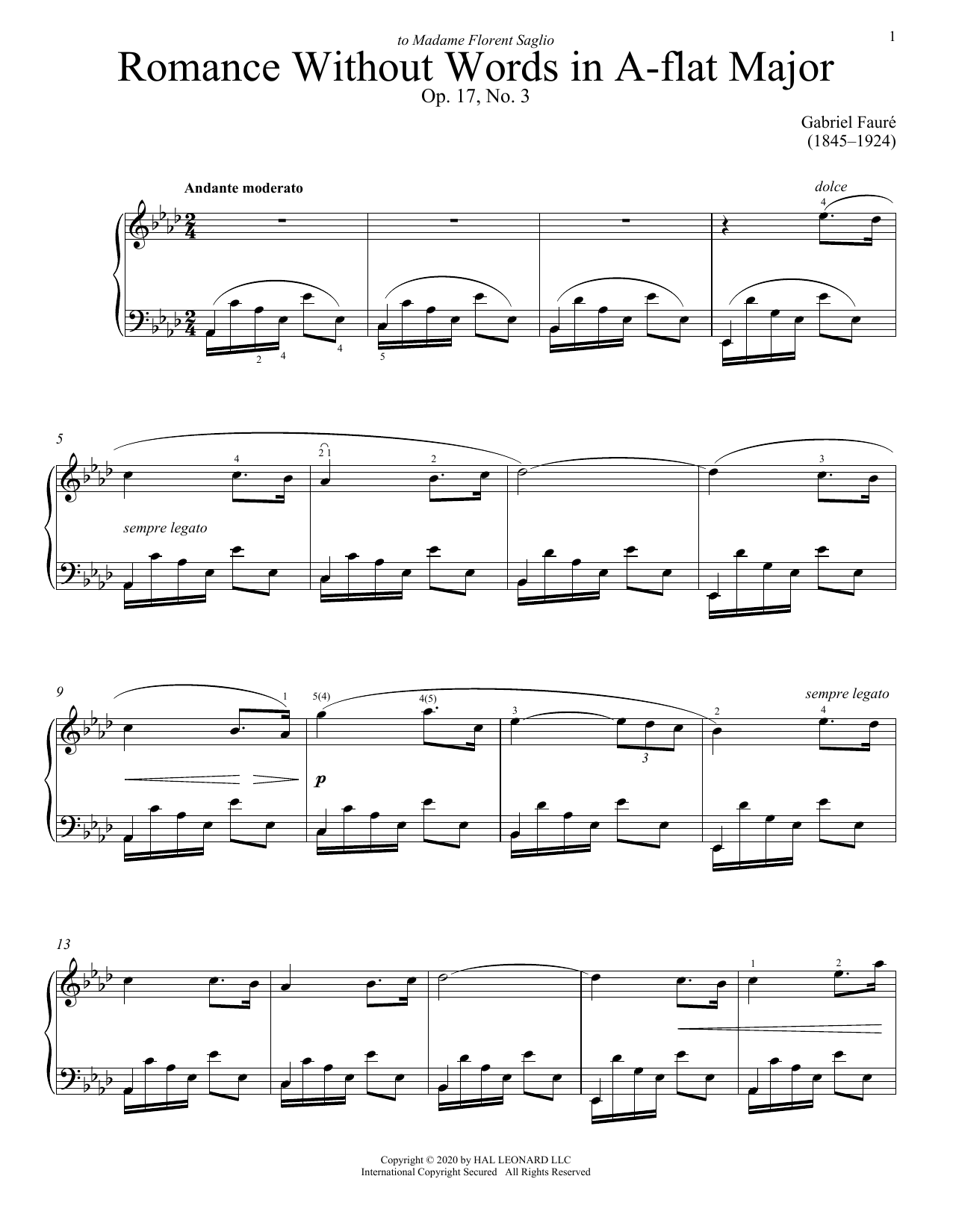 Gabriel Faure Romance Sans Paroles, Op. 17, No. 3 (Song Without Words) sheet music notes and chords arranged for Piano Solo