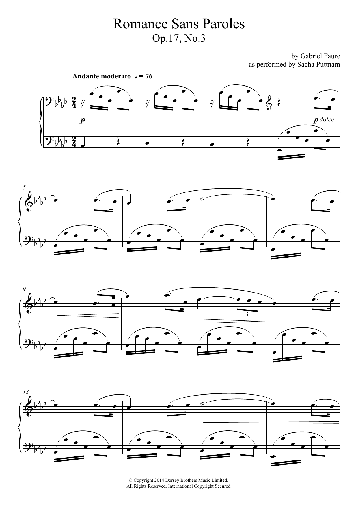 Gabriel Fauré Romance Sans Paroles Op.17, No.3 (as performed by Sacha Puttnam) sheet music notes and chords arranged for Piano Solo