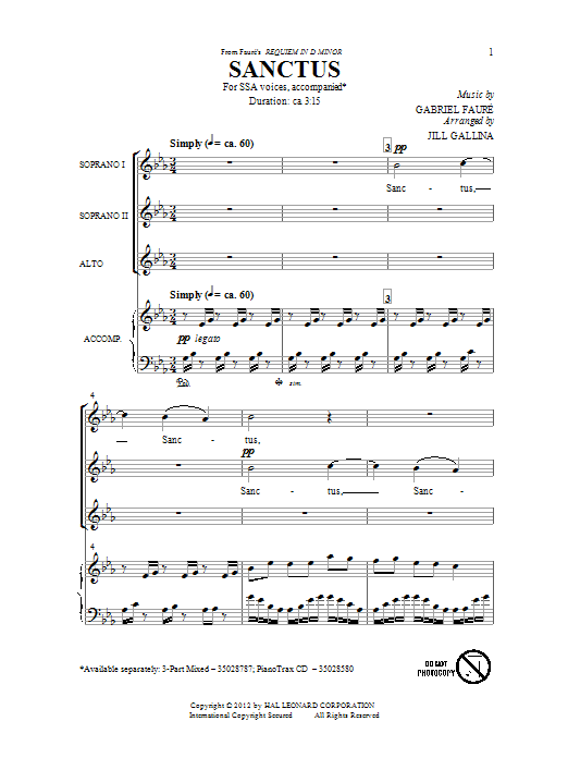 Gabriel Faure Sanctus (arr. Jill Gallina) sheet music notes and chords arranged for SSA Choir