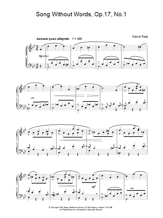 Gabriel Fauré Song Without Words, Op.17, No.1 sheet music notes and chords arranged for Piano Solo