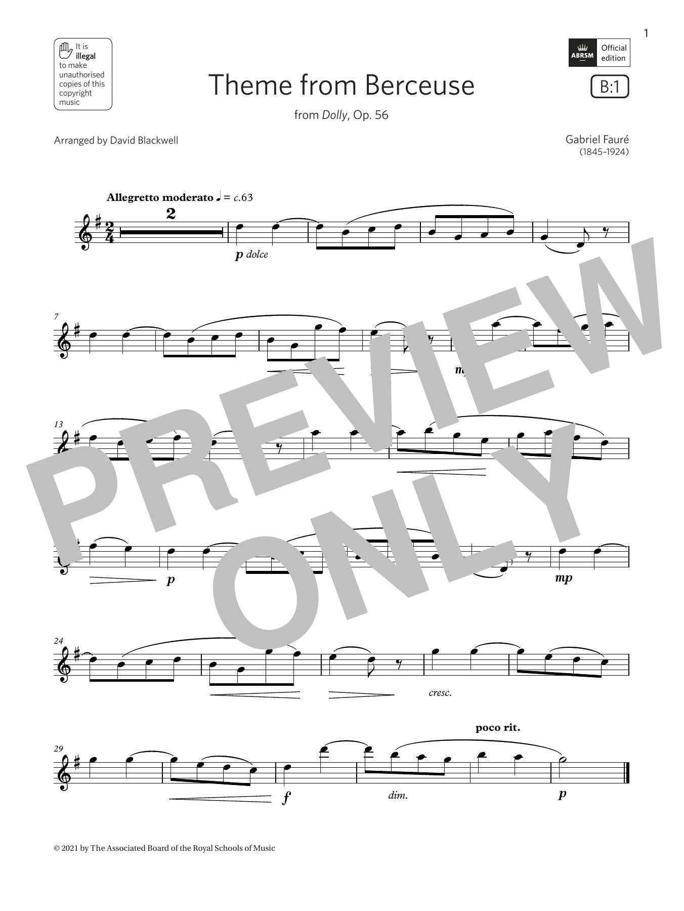 Gabriel Faure Theme from Berceuse (from Dolly, Op. 56)  (Grade 2 List B1 from the ABRSM Flute syllabus from 2022) sheet music notes and chords arranged for Flute Solo