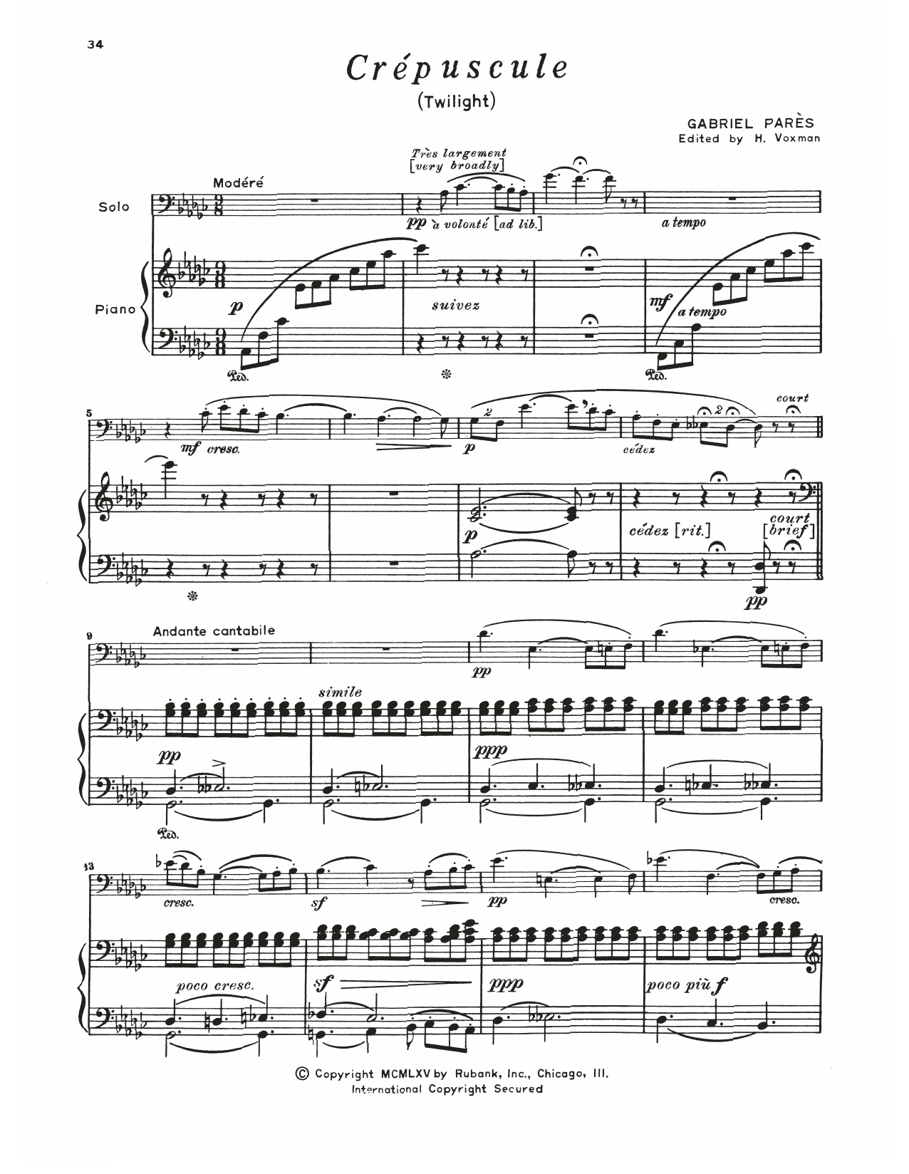 Gabriel Parès Crepuscule sheet music notes and chords arranged for Trombone and Piano