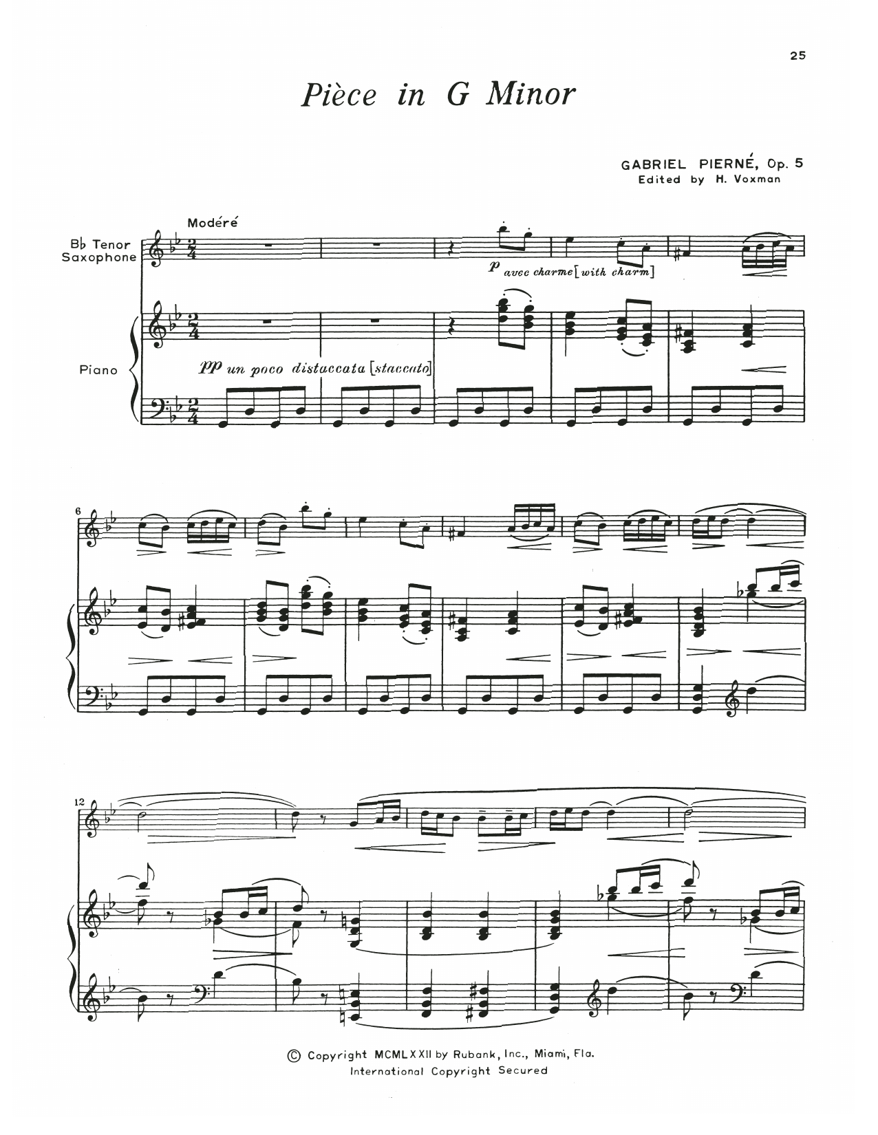 Gabriel Pierne Piece In G Minor sheet music notes and chords arranged for Tenor Sax and Piano