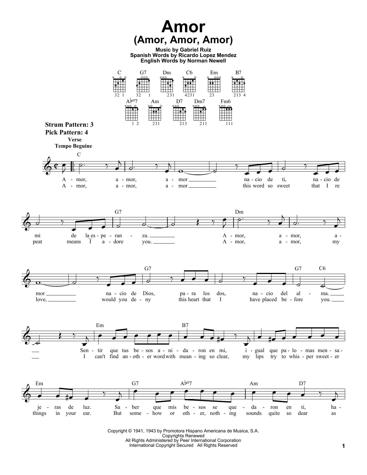 Gabriel Ruiz Amor (Amor, Amor, Amor) sheet music notes and chords arranged for Real Book – Melody & Chords – C Instruments