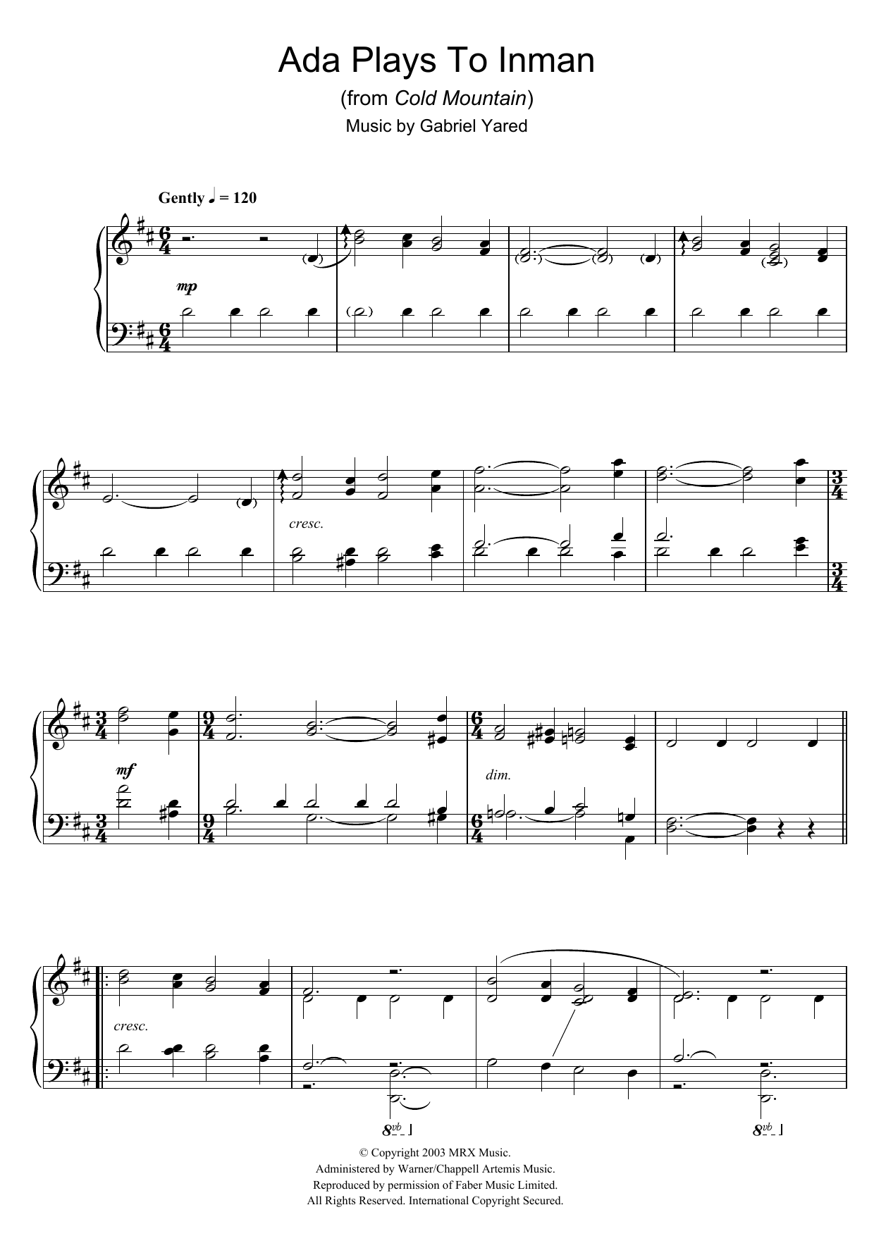 Gabriel Yared Ada Plays To Inman (from Cold Mountain) sheet music notes and chords arranged for Piano Solo