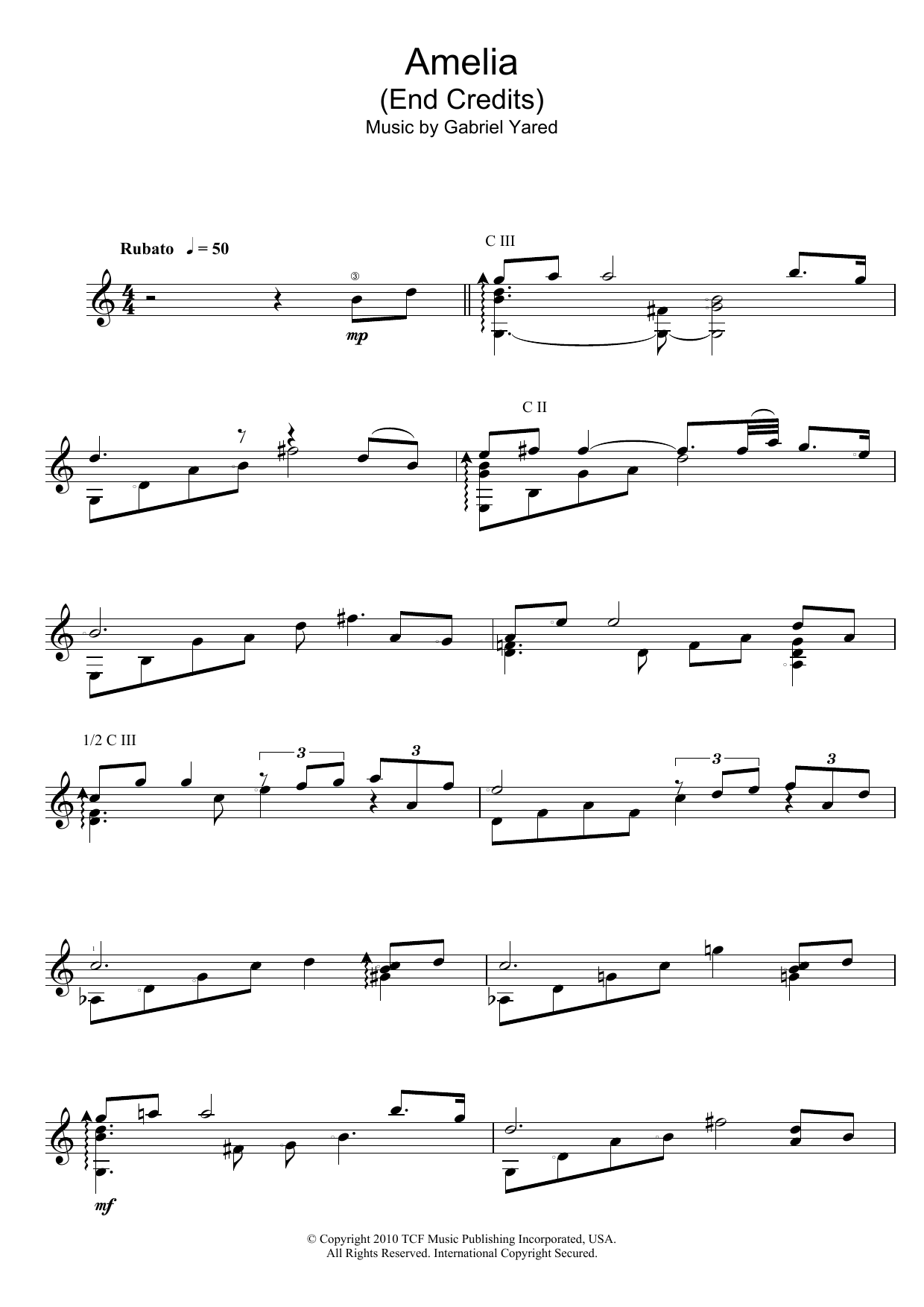 Gabriel Yared Amelia (End Credits) sheet music notes and chords arranged for Solo Guitar