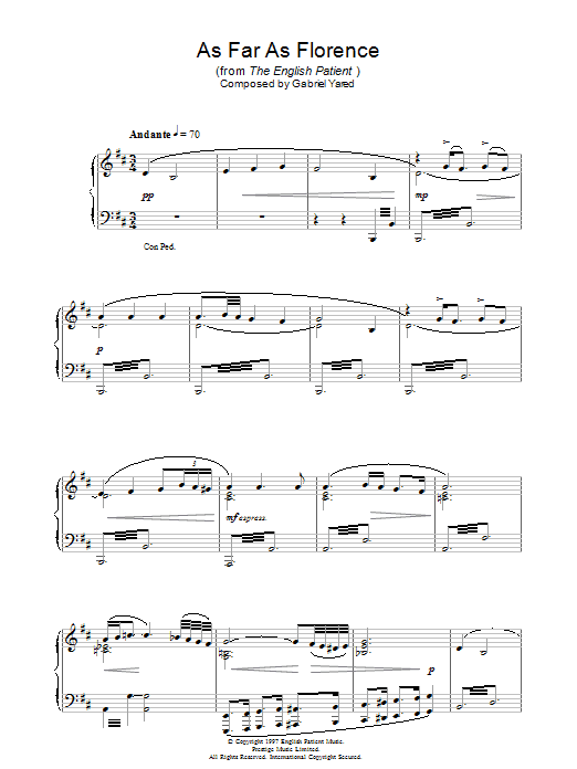 Gabriel Yared As Far As Florence (from The English Patient) sheet music notes and chords arranged for Piano Solo