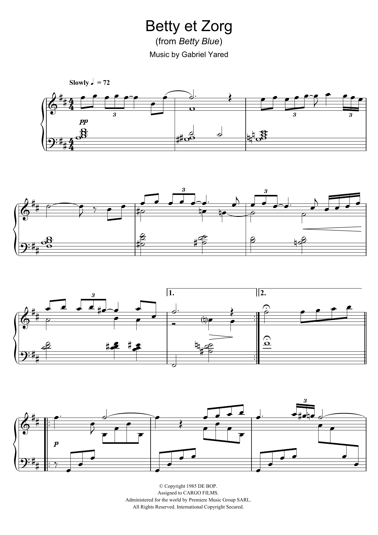 Gabriel Yared Betty et Zorg (from Betty Blue) sheet music notes and chords arranged for Piano Solo