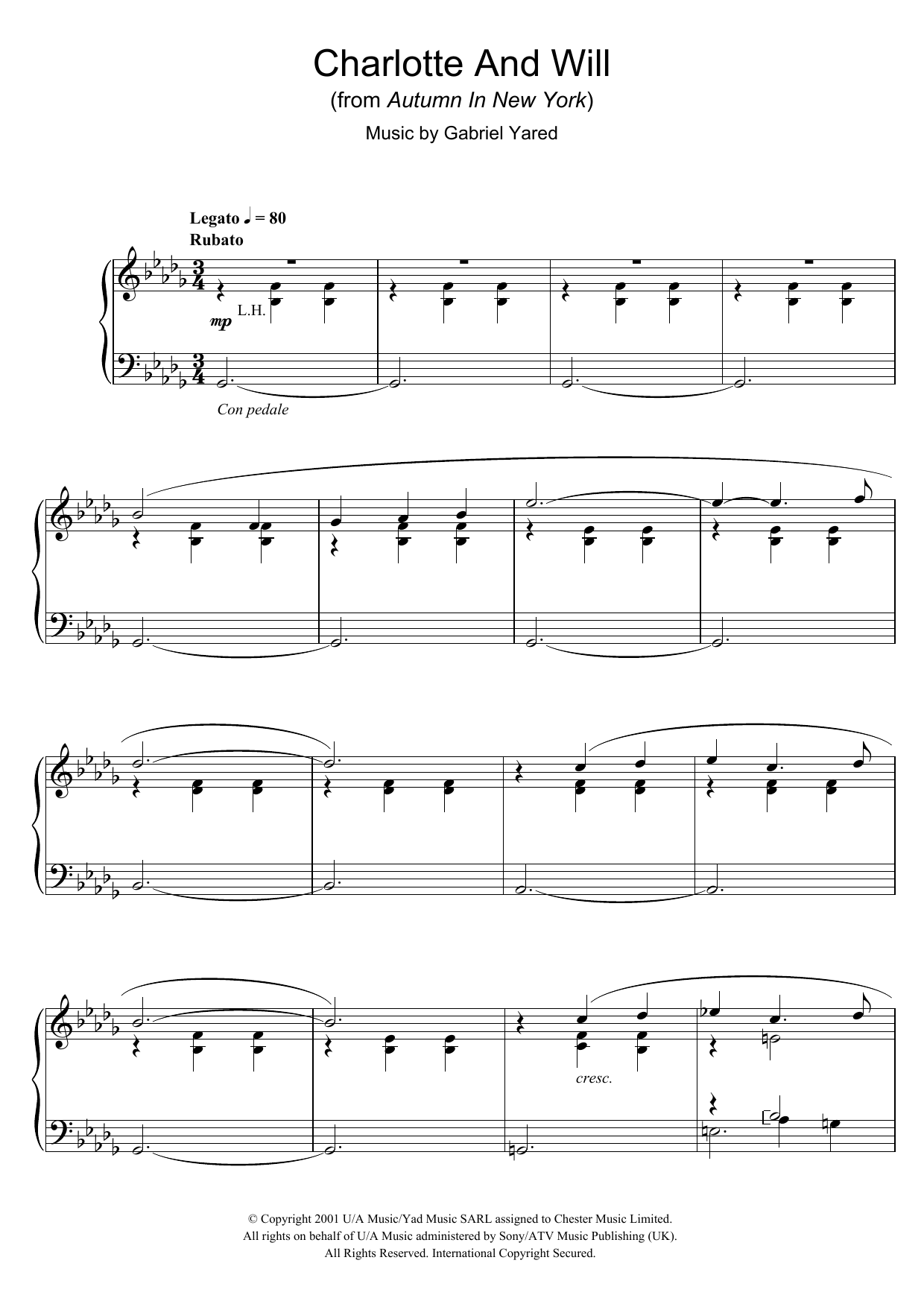 Gabriel Yared Charlotte And Will (from Autumn In New York) sheet music notes and chords arranged for Piano Solo