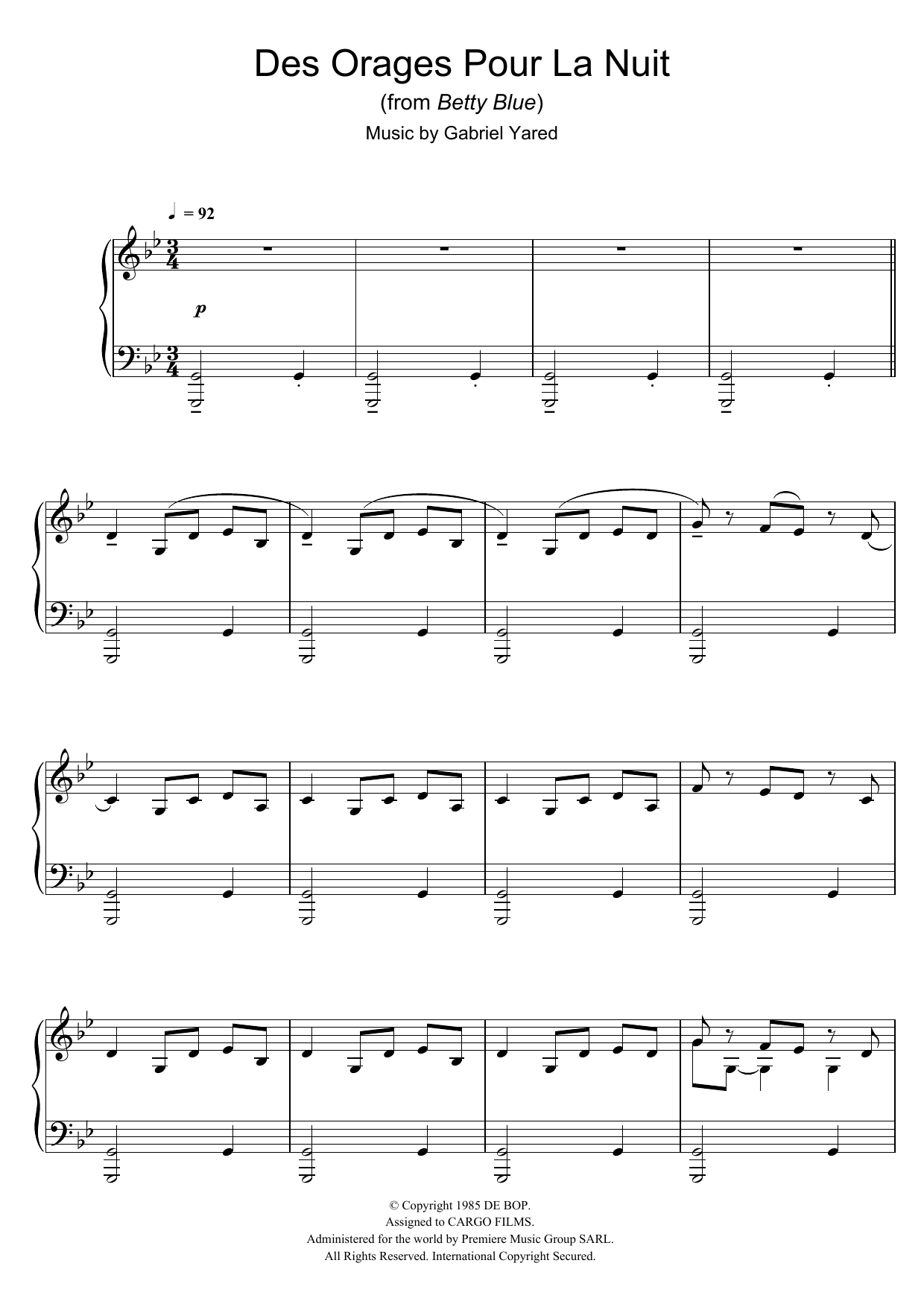 Gabriel Yared Des Orages Pour La Nuit (from Betty Blue) sheet music notes and chords arranged for Piano Solo
