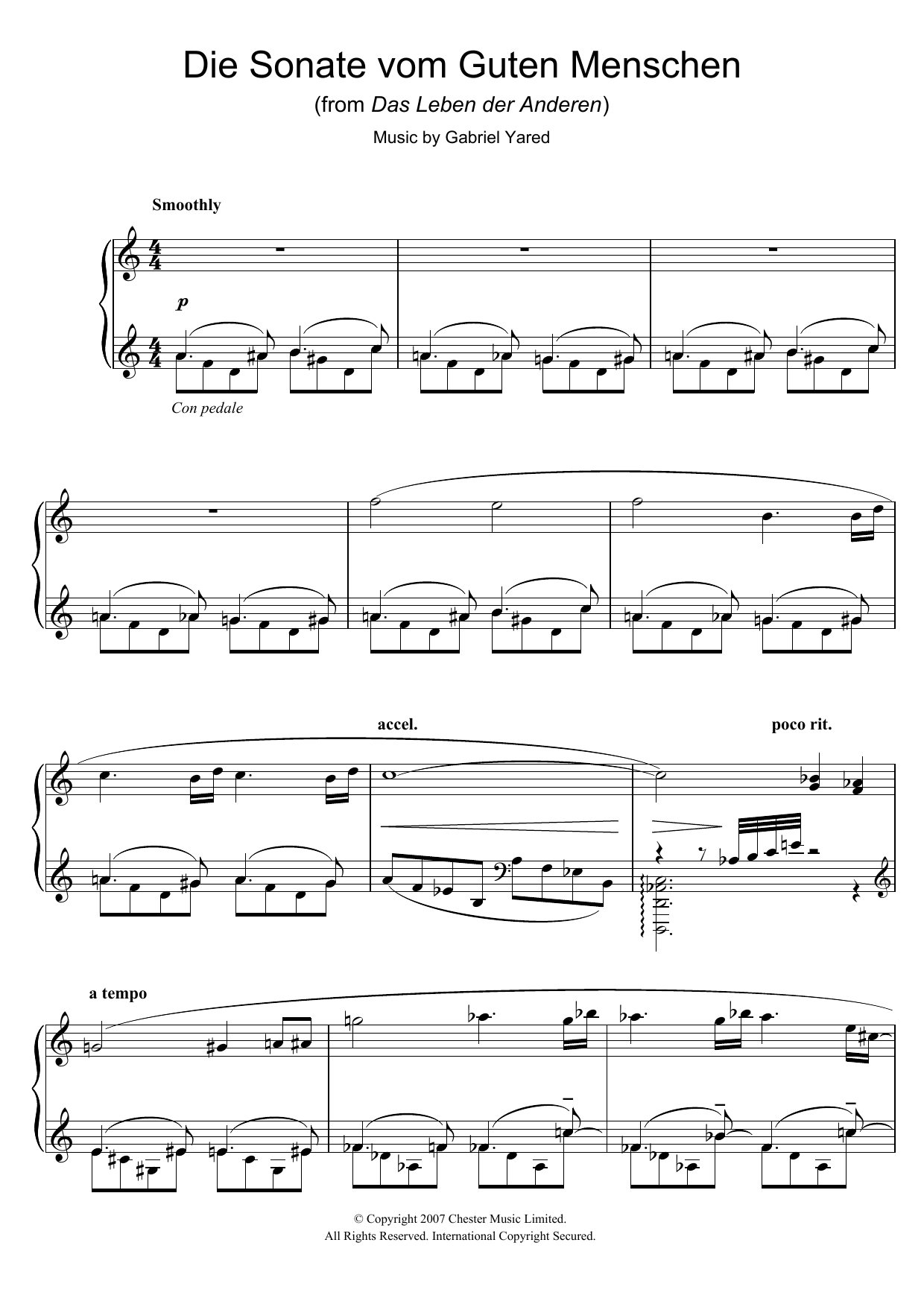 Gabriel Yared Die Andere Sonate (from Das Leben der Anderen) sheet music notes and chords arranged for Piano Solo