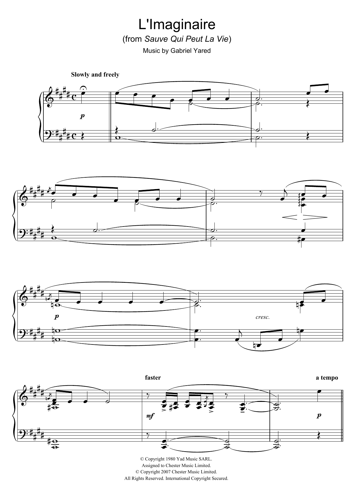 Gabriel Yared L'Imaginaire (from Sauve Qui Peut La Vie) sheet music notes and chords arranged for Piano Solo