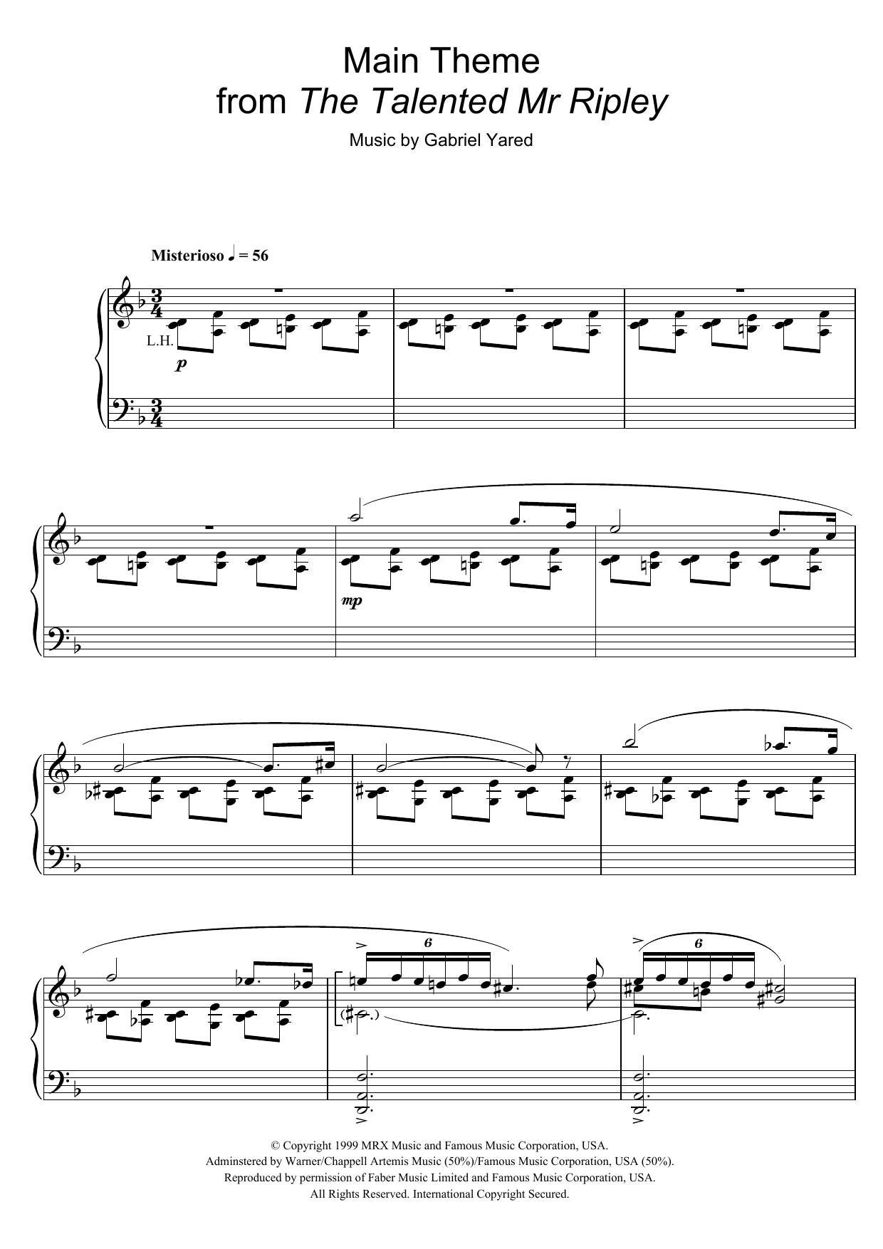 Gabriel Yared Main Theme (from The Talented Mr Ripley) sheet music notes and chords arranged for Piano Solo