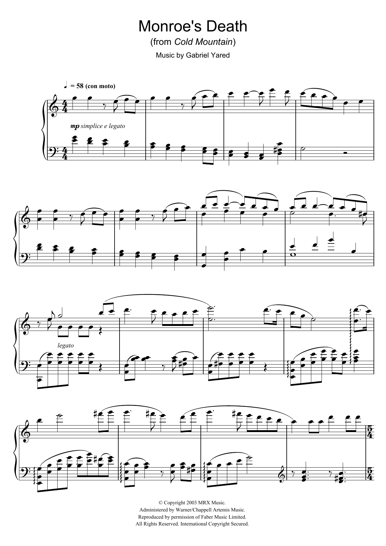 Gabriel Yared Monroe's Death (from Cold Mountain) sheet music notes and chords arranged for Piano Solo