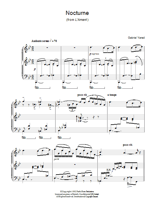 Gabriel Yared Nocturne (from L'Amant) sheet music notes and chords arranged for Piano Solo
