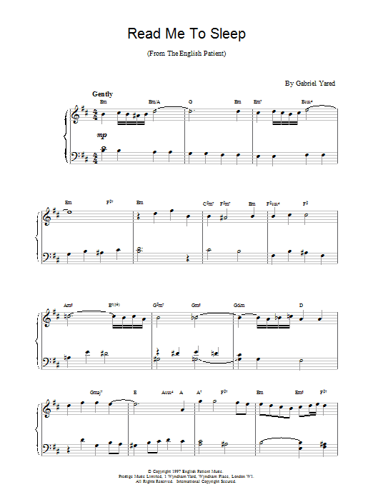 Gabriel Yared Read Me to Sleep sheet music notes and chords arranged for Piano Solo
