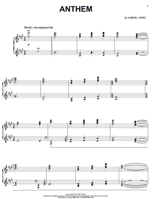 Gabriel Yared Anthem sheet music notes and chords. Download Printable PDF.