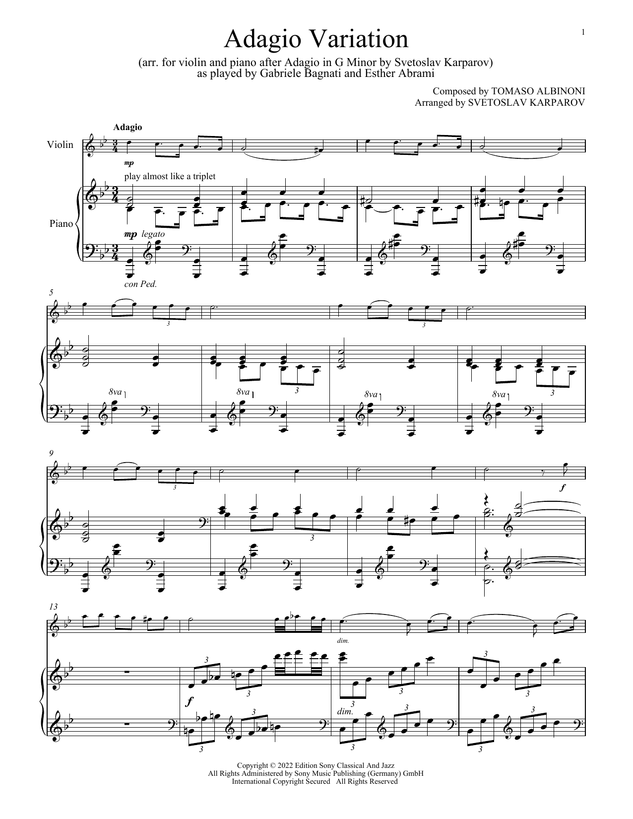 Gabriele Bagnati and Esther Abrami Adagio Variation (arr. Svetoslav Karparov) sheet music notes and chords arranged for Violin and Piano
